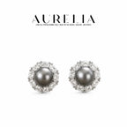 Floral Halo Gray Crystal Pearl Stud Earrings — supplied AURELIA product photograph.
