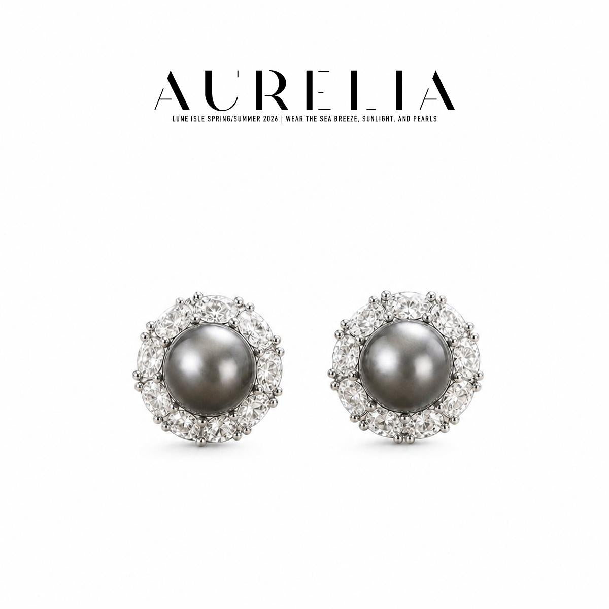 Floral Halo Gray Crystal Pearl Stud Earrings — supplied AURELIA product photograph.