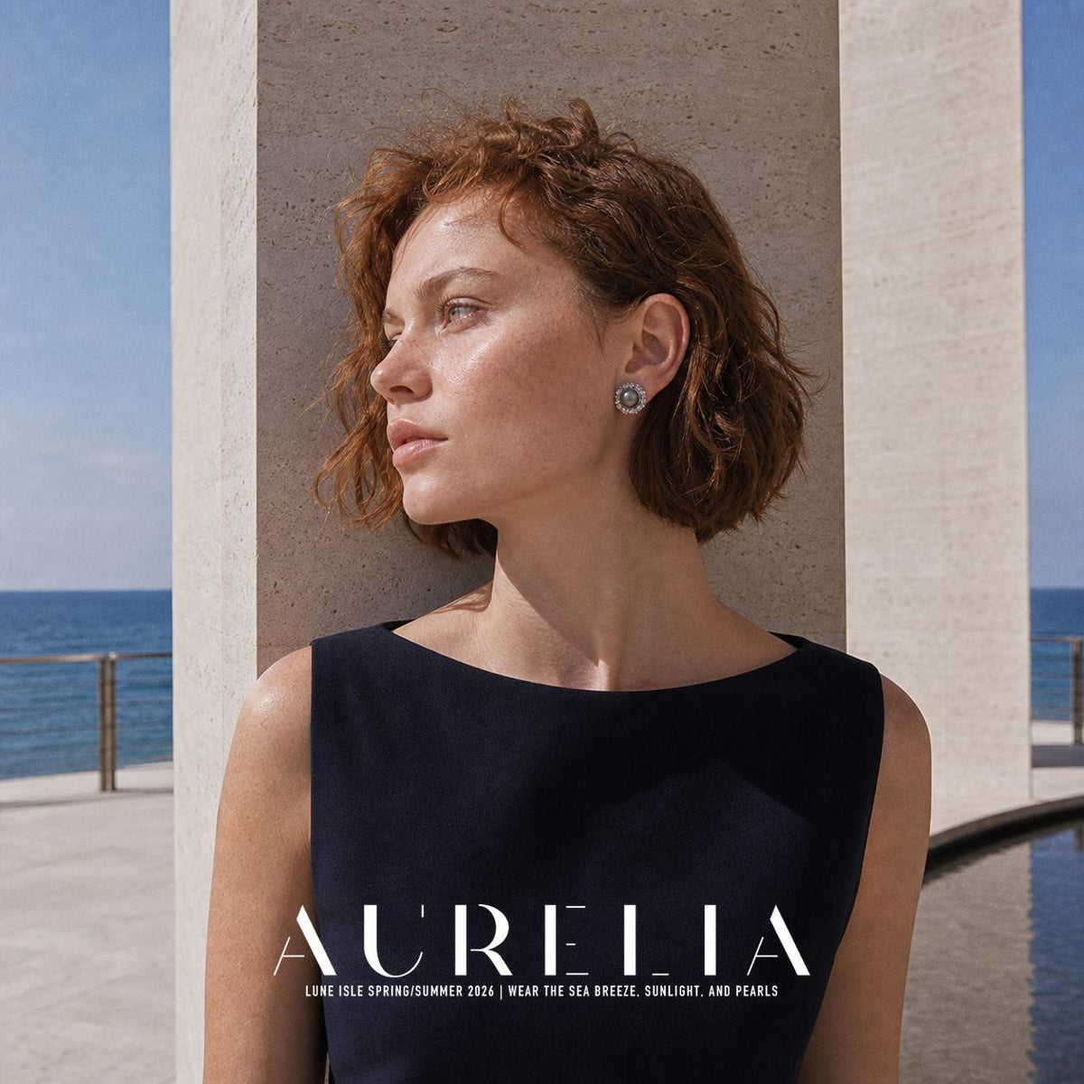 Model against seaside column wearing round gray-center stud with clear floral surround.
