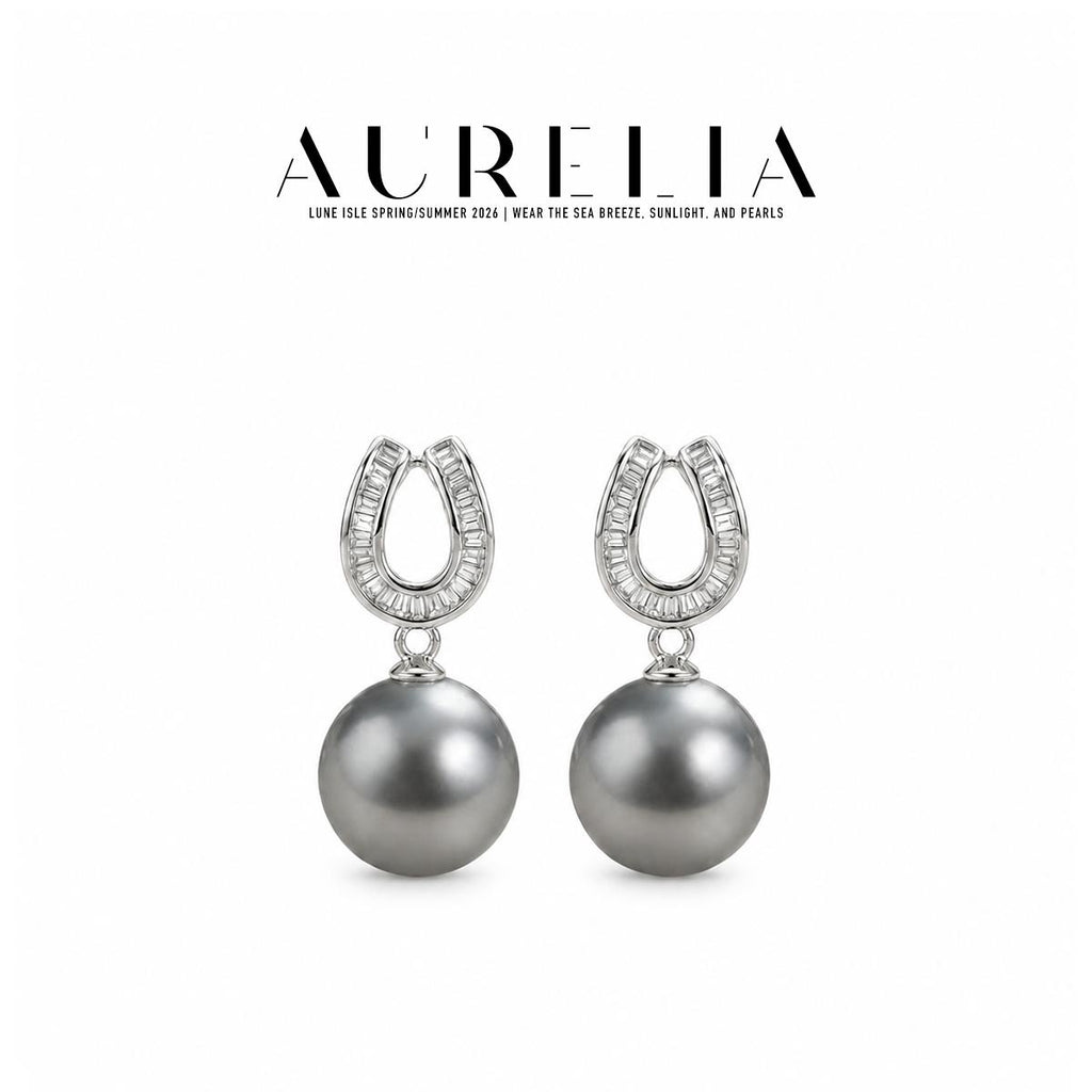 Front-facing pair of silver-colored earrings on white, with open horseshoe-shaped tops containing narrow clear rectangular details and dark gray round drops.