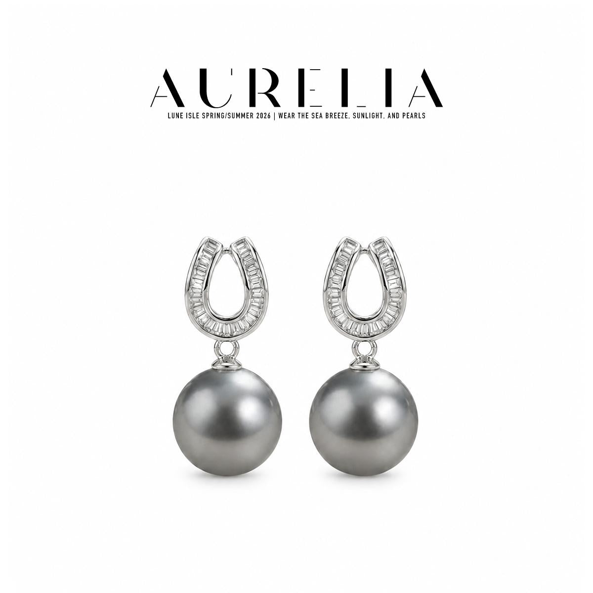 Front-facing pair of silver-colored earrings on white, with open horseshoe-shaped tops containing narrow clear rectangular details and dark gray round drops.