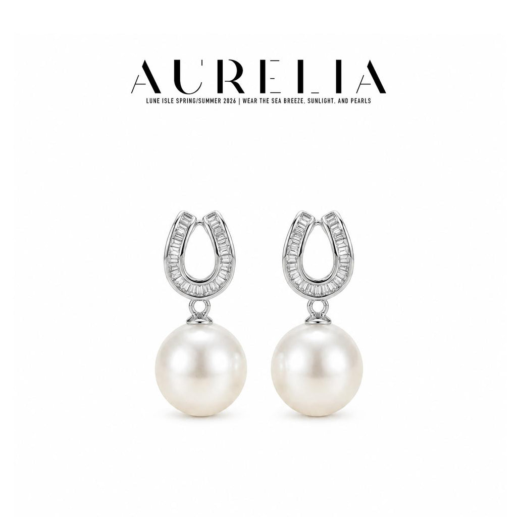 Horseshoe Crystal Pearl Drop Earrings — supplied AURELIA product photograph.