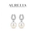 Horseshoe Crystal Pearl Drop Earrings — supplied AURELIA product photograph.