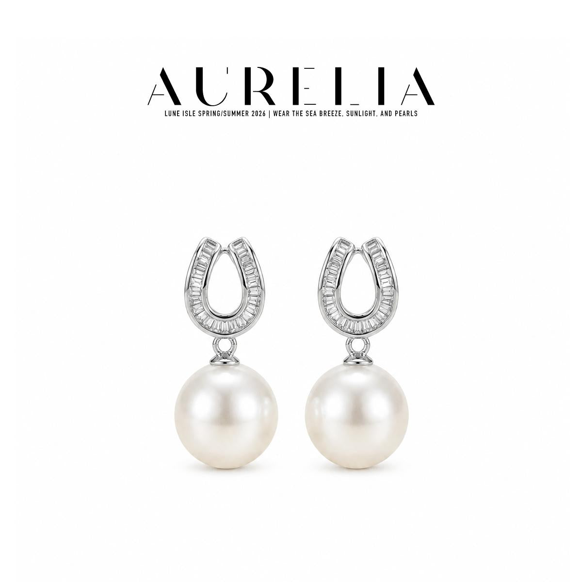 Horseshoe Crystal Pearl Drop Earrings — supplied AURELIA product photograph.