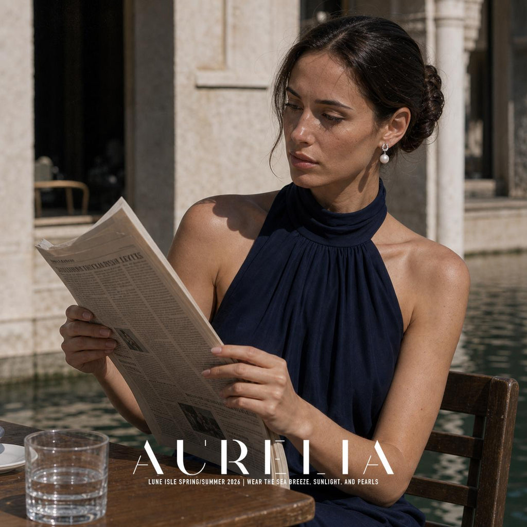 Model reading newspaper wearing horseshoe and white-bead drop earrings.