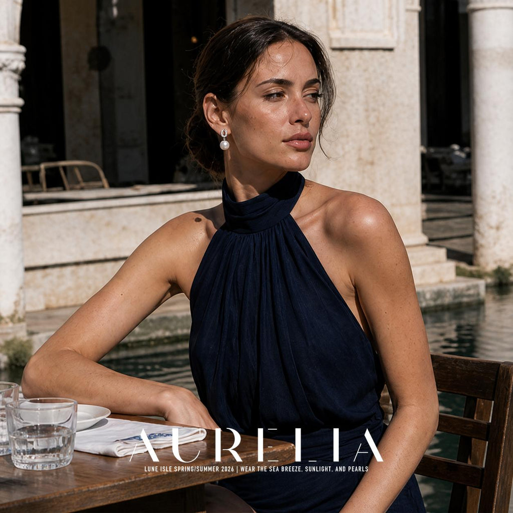 Seated model wearing open horseshoe clear-accent tops with white round drops.