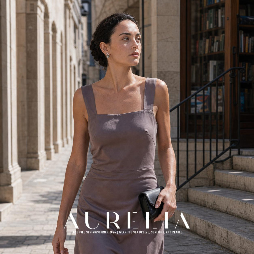 Person in a gray-purple sleeveless dress holding a black clutch on a stone-lined walkway, wearing a small silver-colored crossed-bar earring above a gray round lower element.