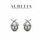 Crossover Gray Crystal Pearl Stud Earrings — supplied AURELIA product photograph.