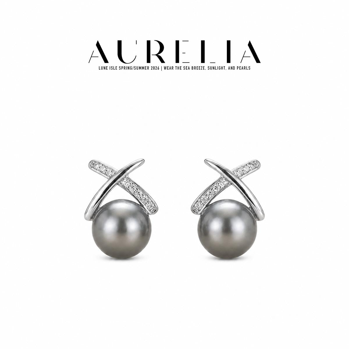 Crossover Gray Crystal Pearl Stud Earrings — supplied AURELIA product photograph.