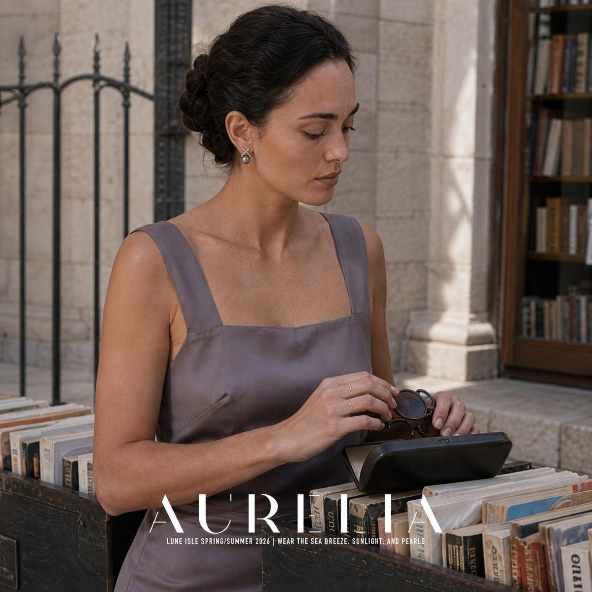 Model at book stall wearing crossed silver-tone bars above a dark gray round bead.