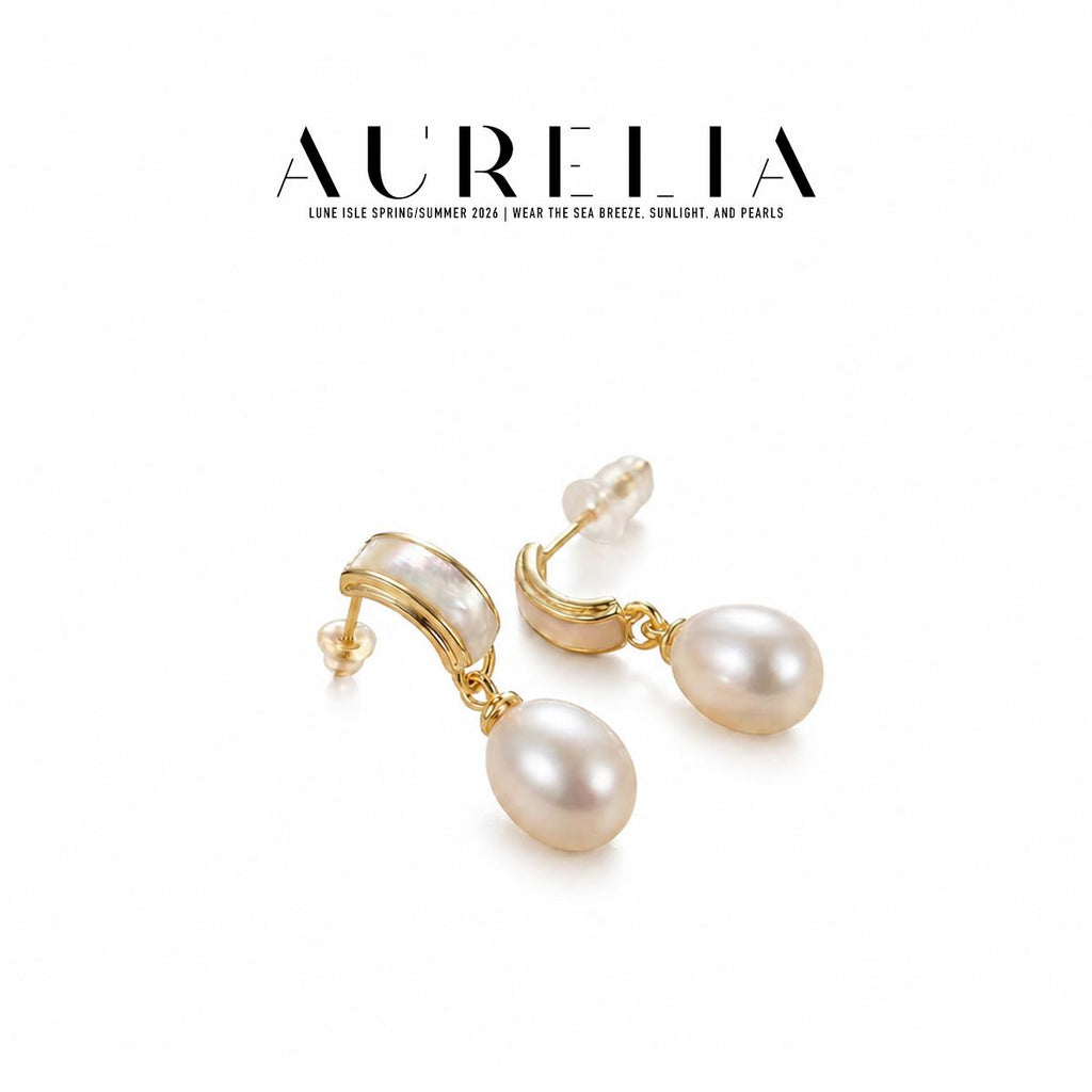 Shell and Freshwater Pearl Drop Earrings — supplied AURELIA product photograph.