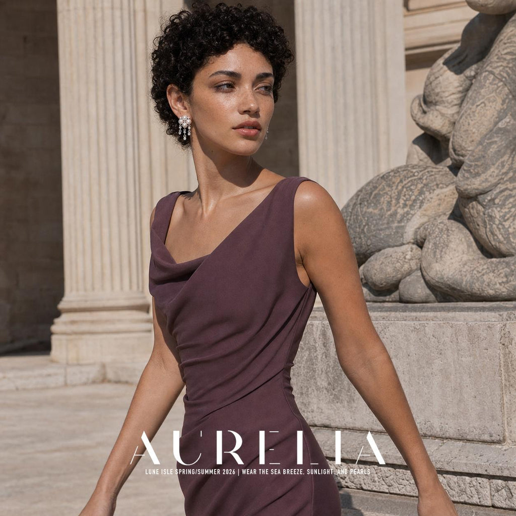 Three-quarter portrait in a plum dress with the matching clustered tassel earring visible.