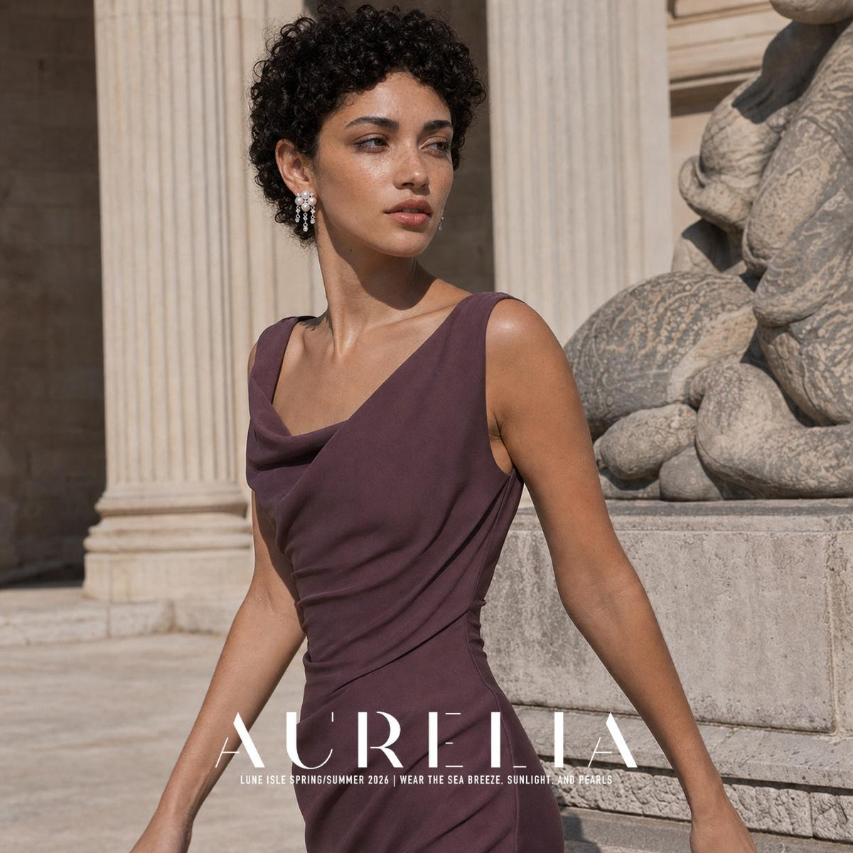 Three-quarter portrait in a plum dress with the matching clustered tassel earring visible.