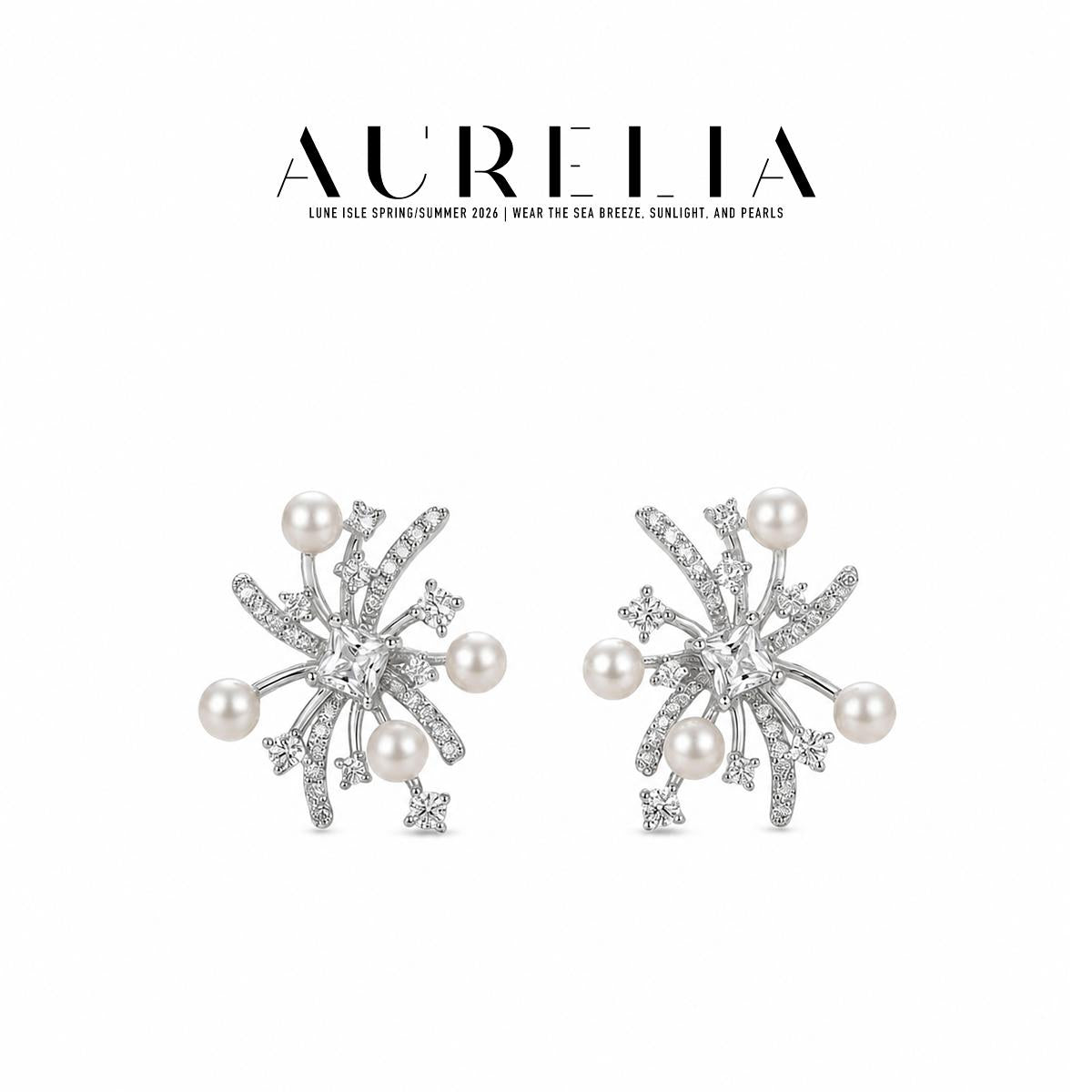 Standalone pair in silver color with clear square centers, curved rays, four white beads and smaller clear accent tips.