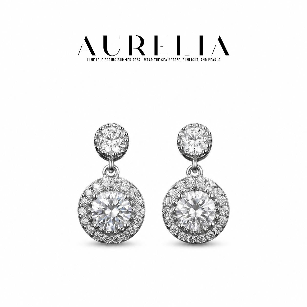 Round Halo Double Drop Earrings — supplied AURELIA product photograph.