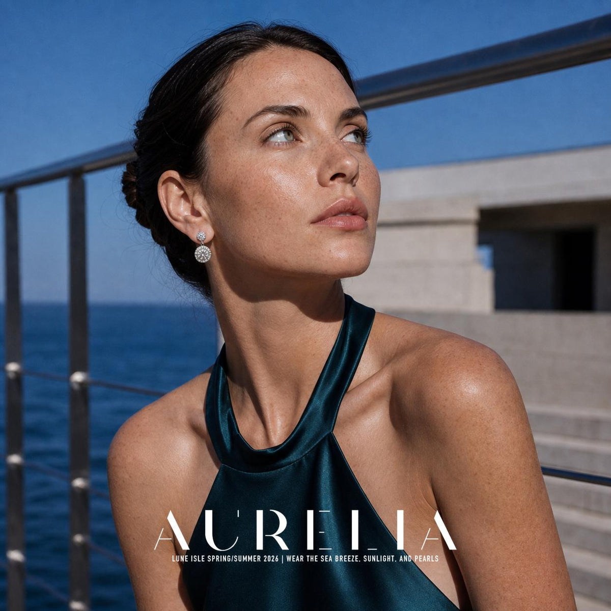 Low-angle seaside portrait wearing small round top and large halo drop.
