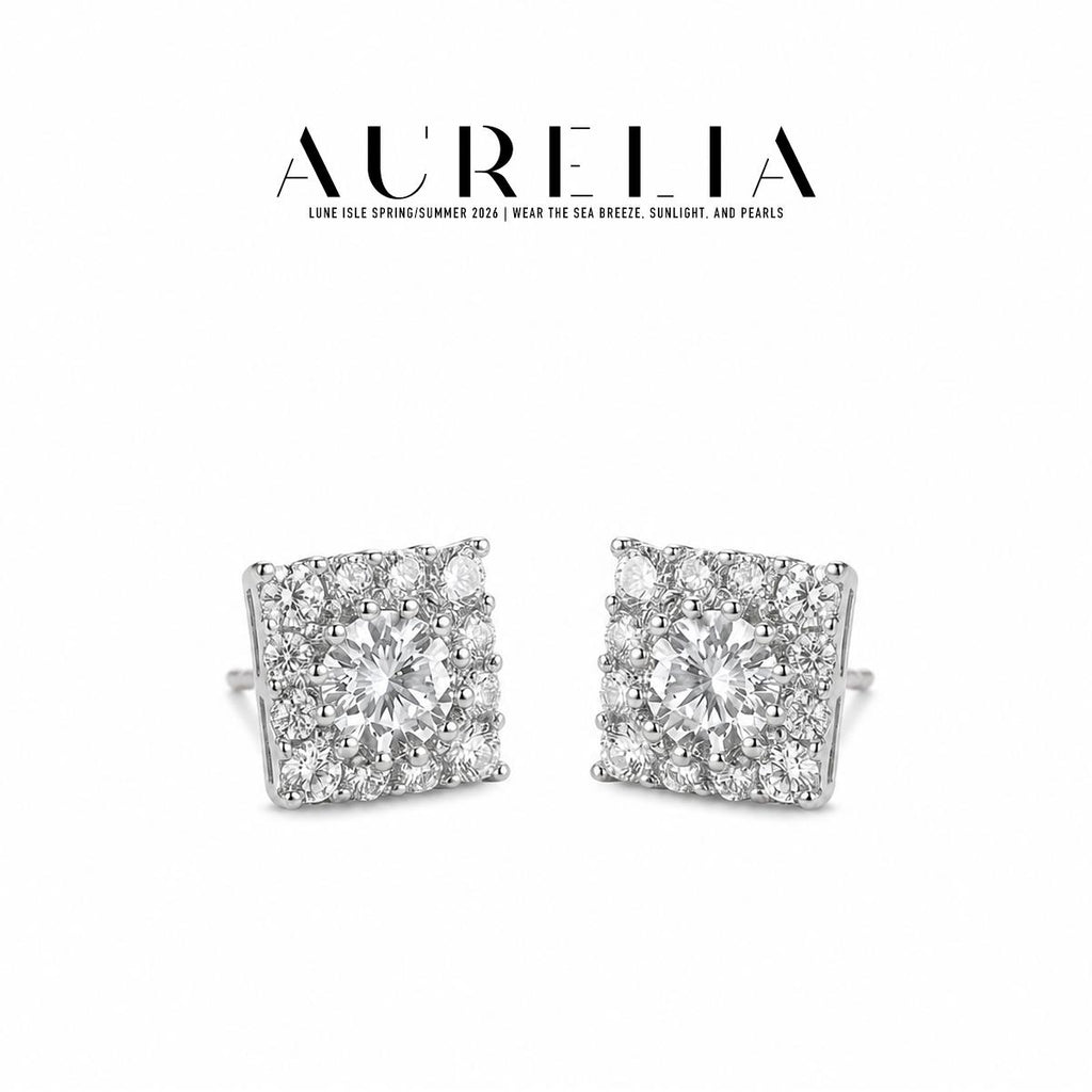 Square Halo Stud Earrings — supplied AURELIA product photograph.