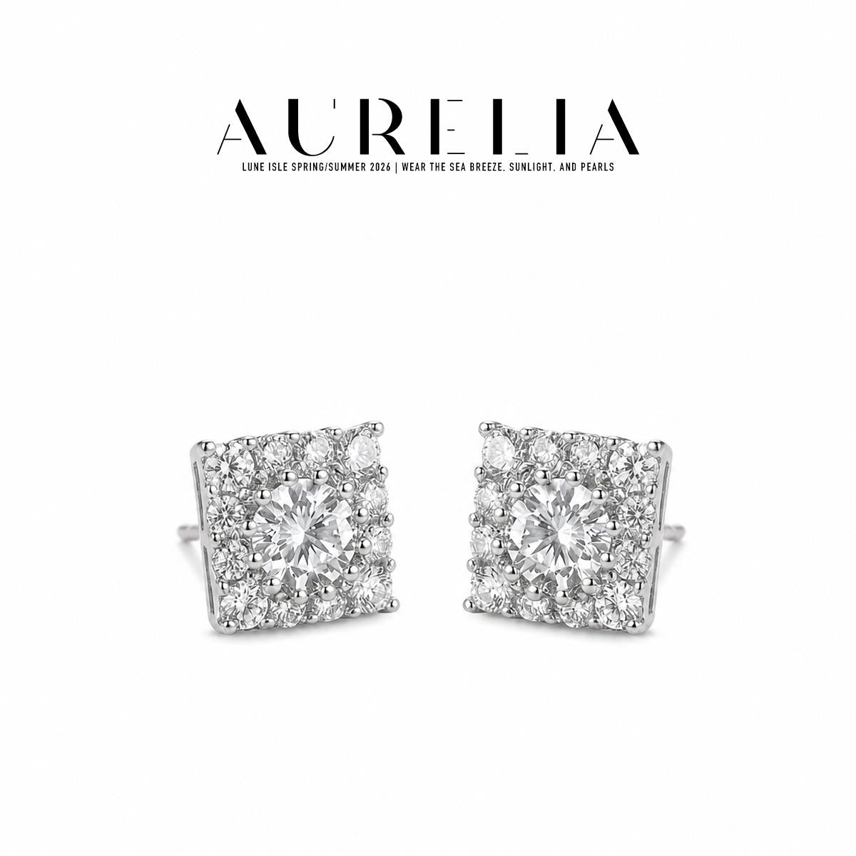 Square Halo Stud Earrings — supplied AURELIA product photograph.