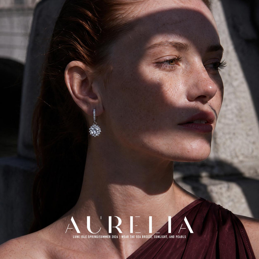 Close face portrait under strong shadow still clearly resolves the clear-set hoop, connector and pointed floral halo.