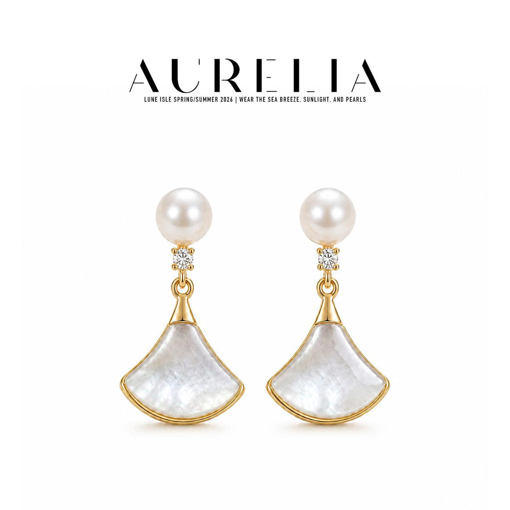 Fan Shell and Freshwater Pearl Drop Earrings — supplied AURELIA product photograph.