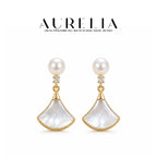 Fan Shell and Freshwater Pearl Drop Earrings — supplied AURELIA product photograph.