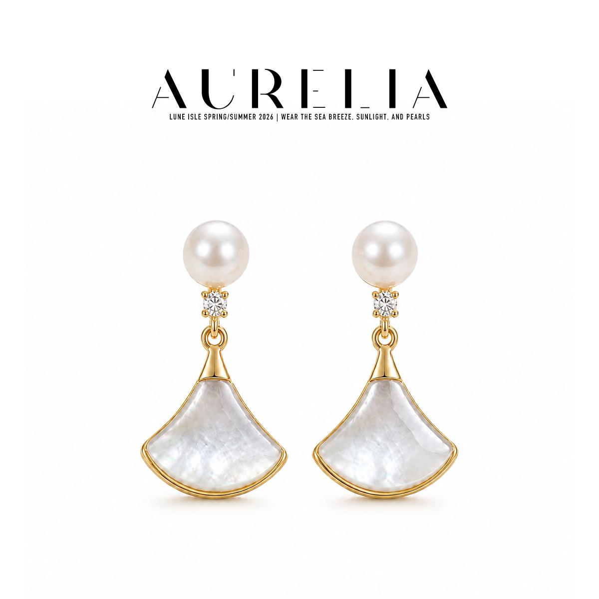 Fan Shell and Freshwater Pearl Drop Earrings — supplied AURELIA product photograph.