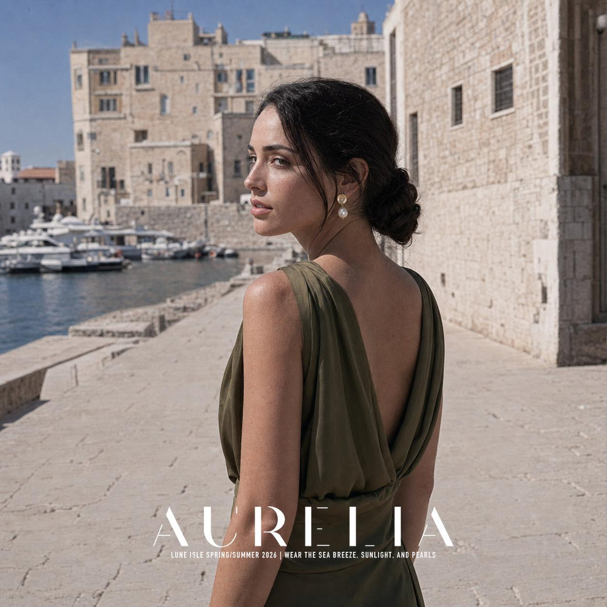Model viewed over her shoulder on a waterfront walkway, with the disc-and-drop earring visible.