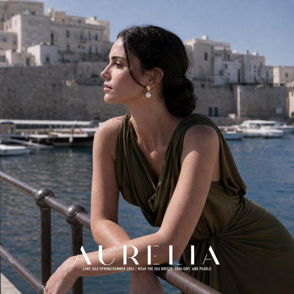 Wide waterside portrait with the gold-colored concave disc and irregular white drop visible.