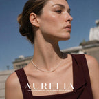 Upward-facing chest-up portrait shows the single bead strand without pendants or spacers.
