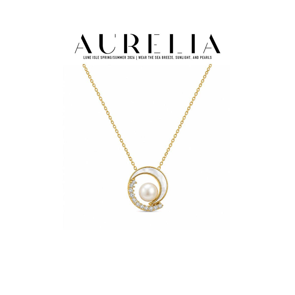Crescent Shell and Freshwater Pearl Necklace — supplied AURELIA product photograph.