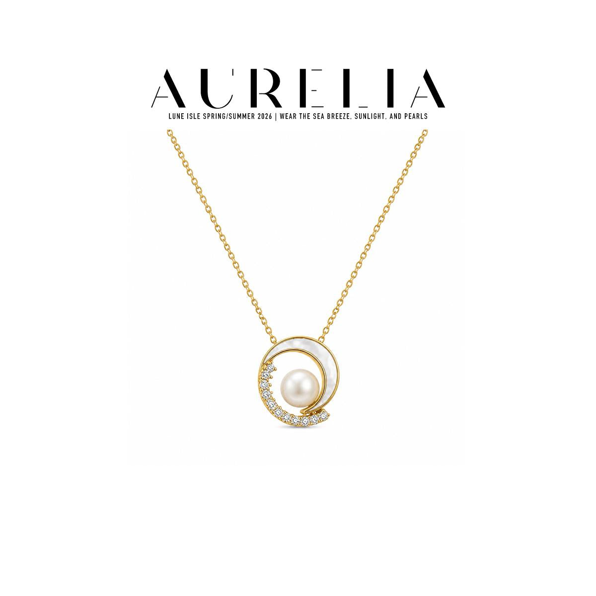 Crescent Shell and Freshwater Pearl Necklace — supplied AURELIA product photograph.