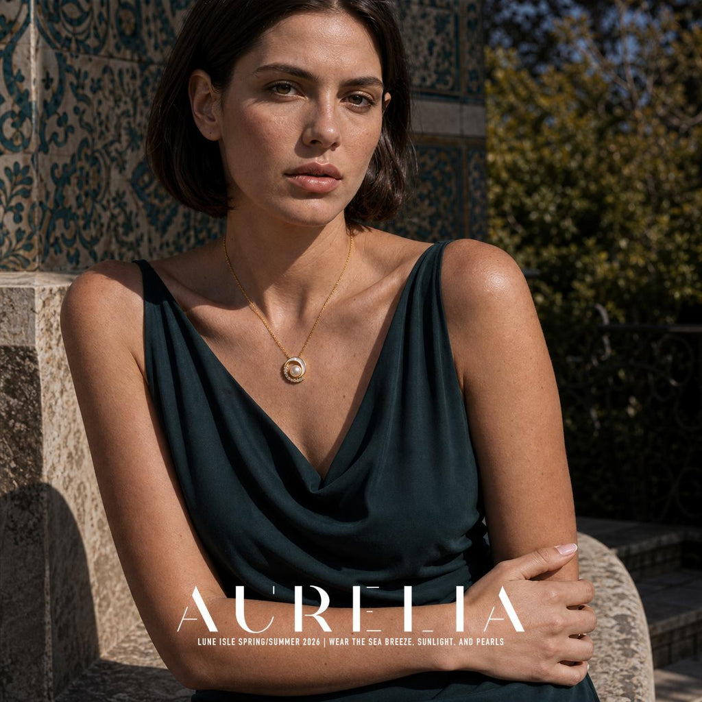 Seated garden portrait in dark green with gold-tone crescent pendant centered on the chest.