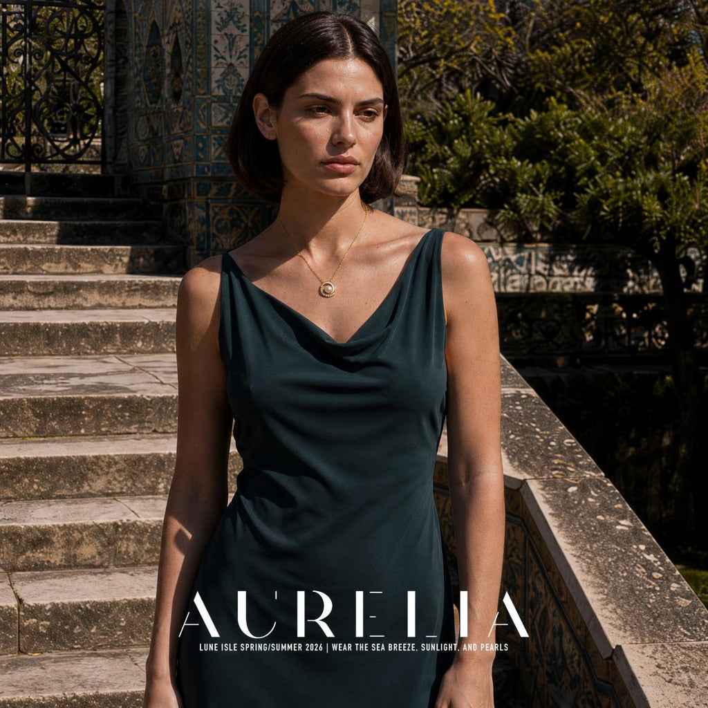 Standing portrait in a dark green dress on stone steps with the same pendant visible.