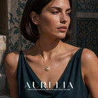 Closer upper-body portrait showing crescent pendant and fine chain against skin.