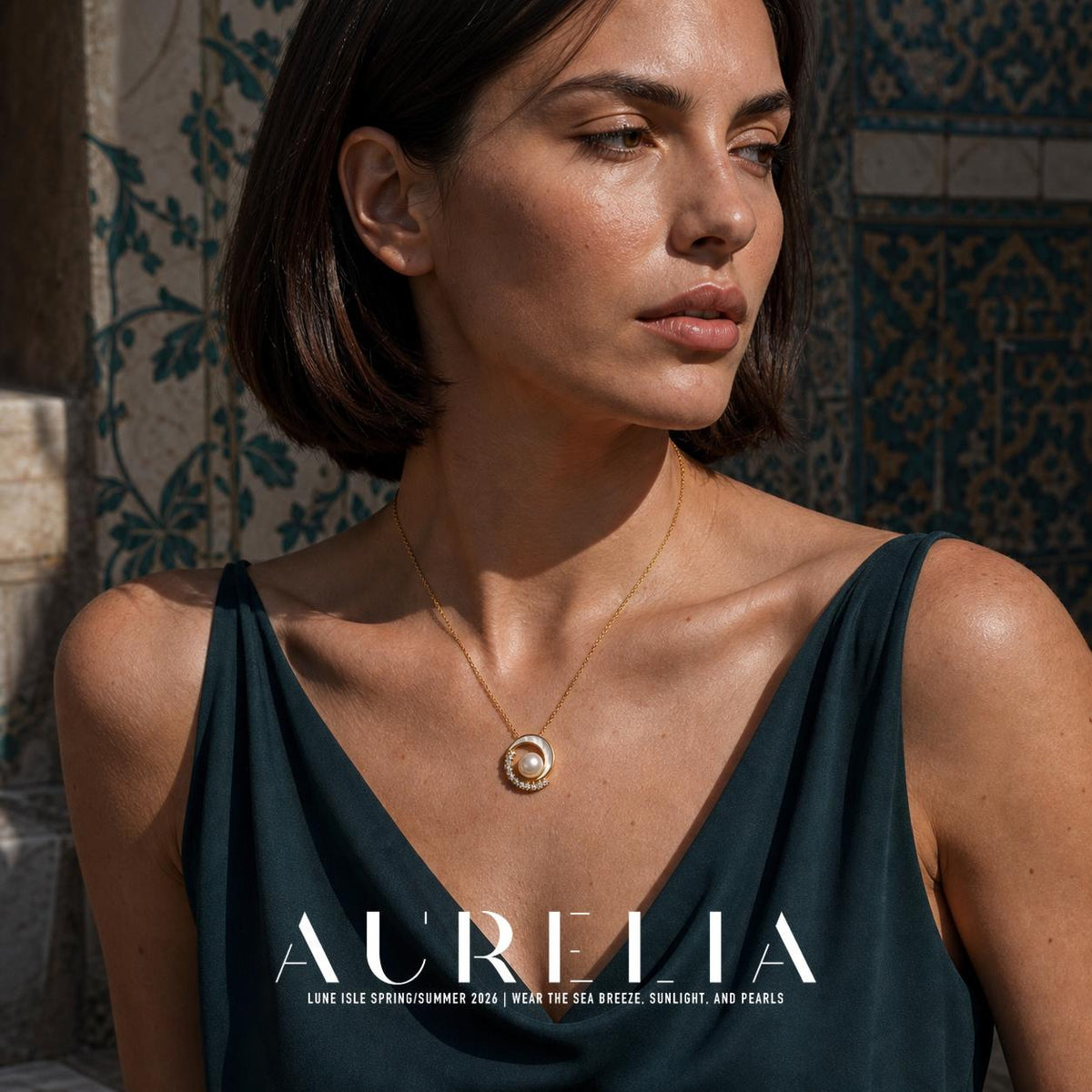 Closer upper-body portrait showing crescent pendant and fine chain against skin.