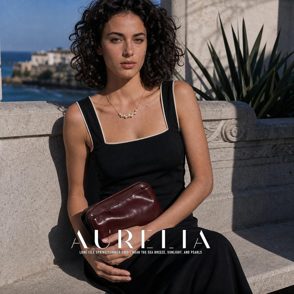 Seated model with clutch showing the curved bead cluster necklace at the neckline.