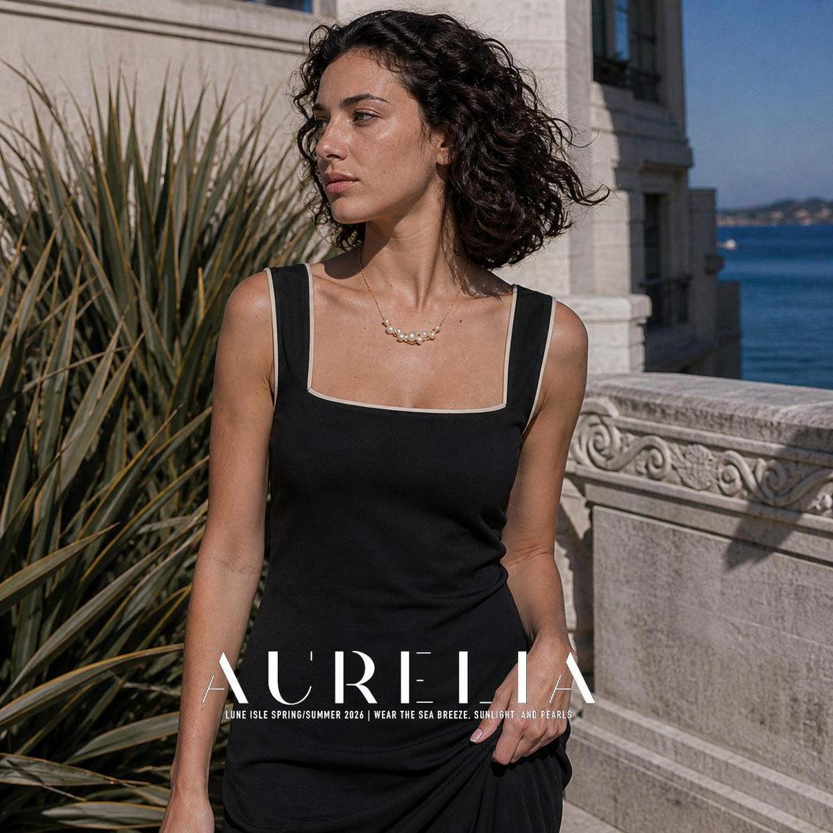 Model wearing a black dress beside coastal stonework, with the cluster necklace visible.