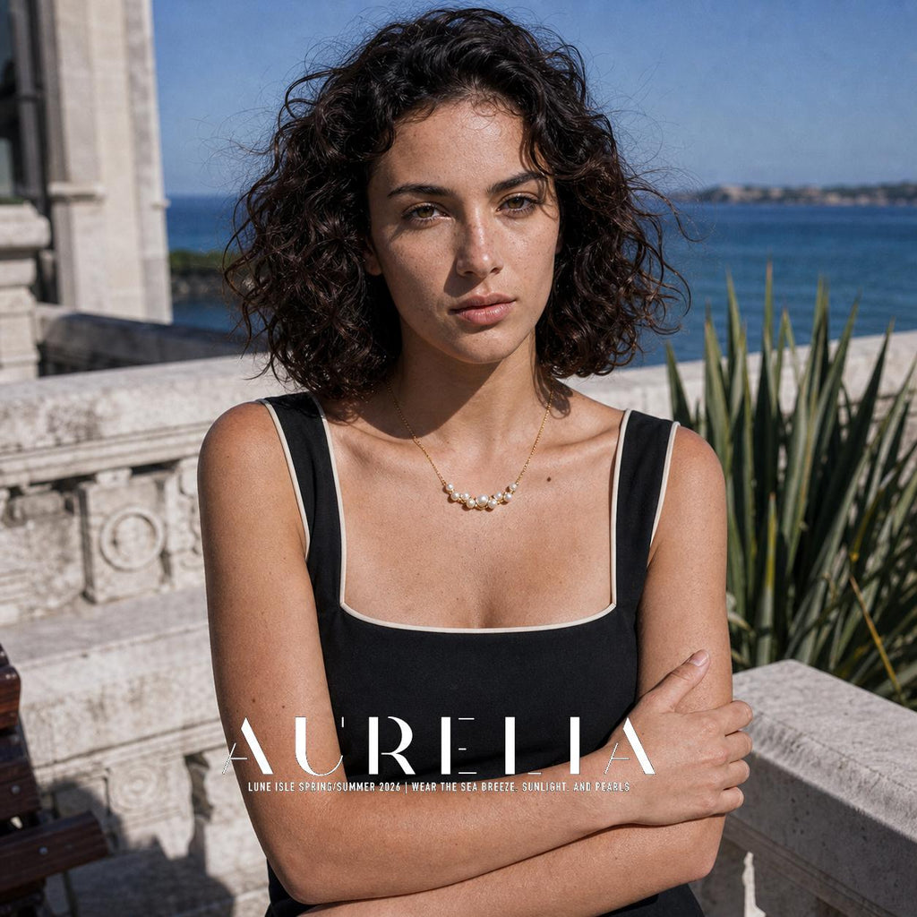 Arms-crossed portrait wearing the curved graduated nine-bead cluster on a fine gold-colored chain.