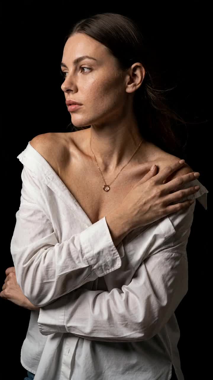 Unbranded portrait against black background wearing fine gold-tone chain with open circle pendant.