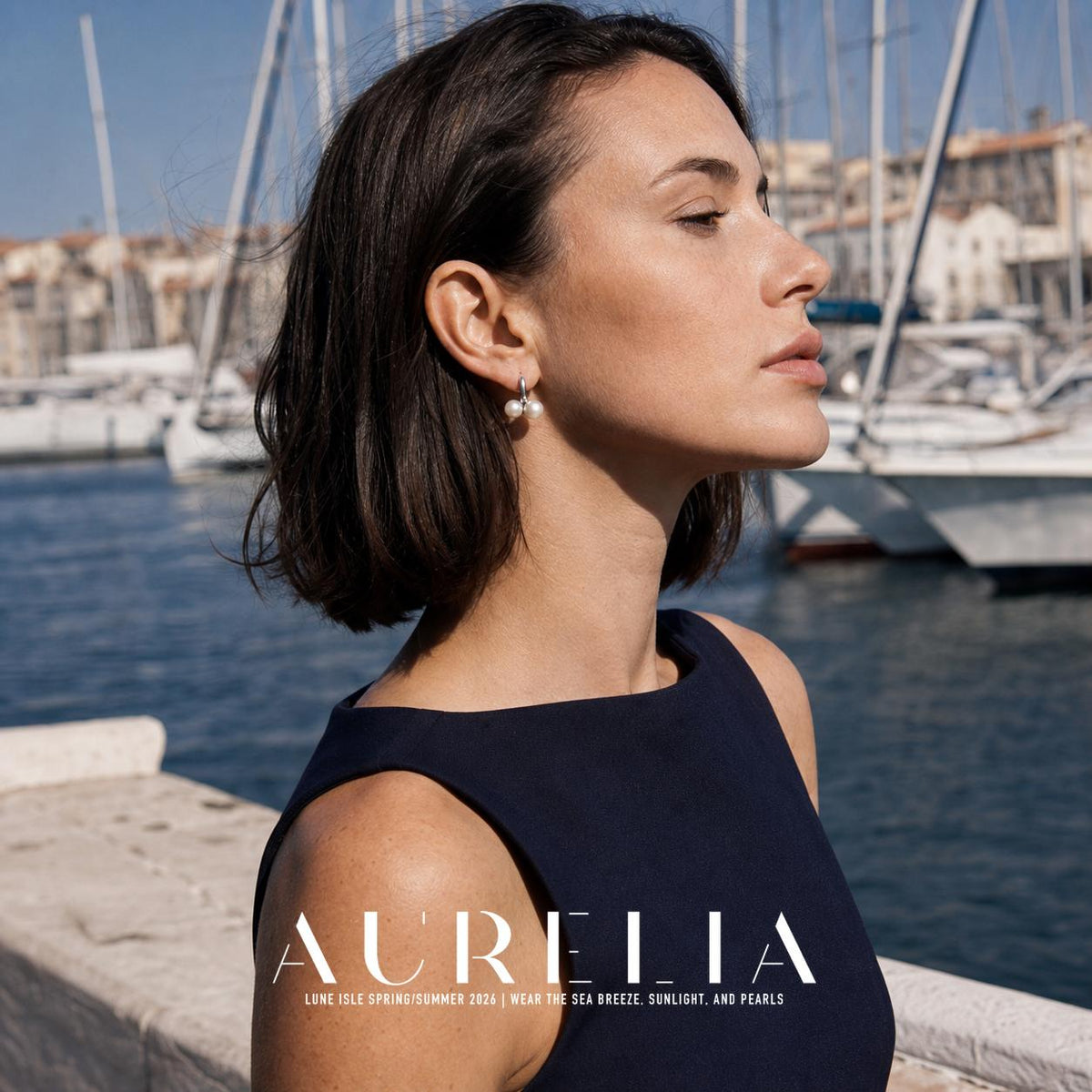 Side-profile model at marina wearing silver-tone hoop with two adjacent white beads.