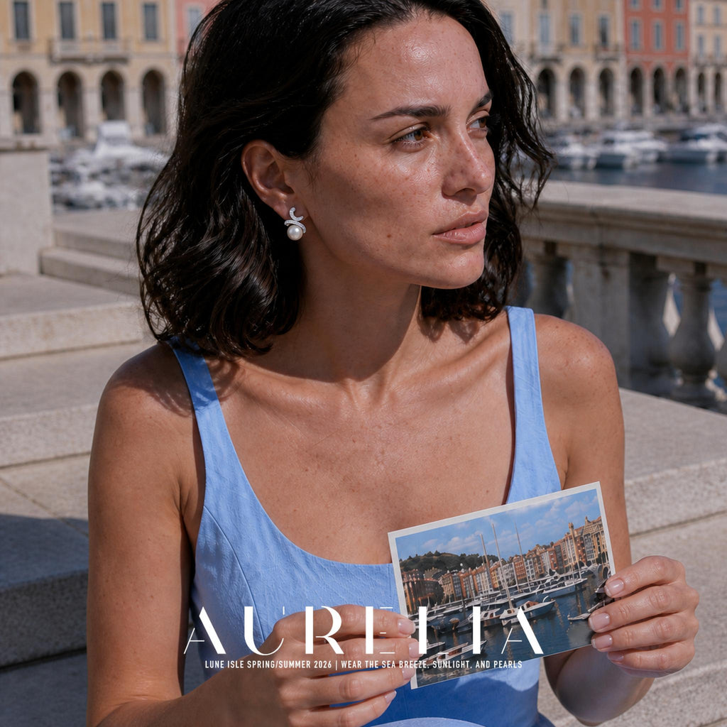 Seated marina portrait holding a postcard, with swirl earring unobstructed.