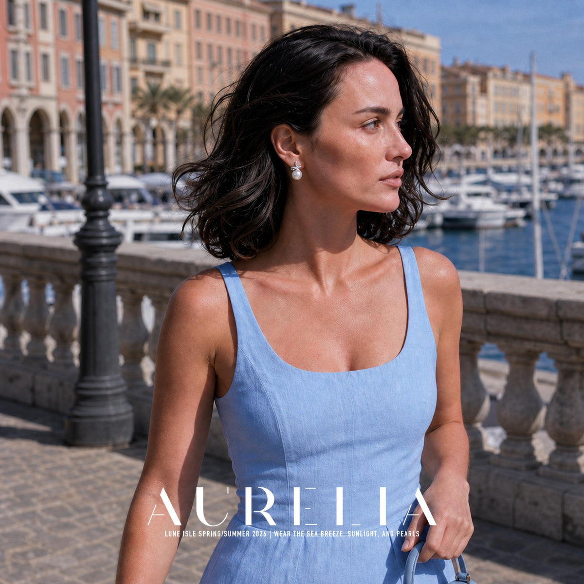 Wider marina portrait in blue showing the same curled-ribbon and white-bead design.