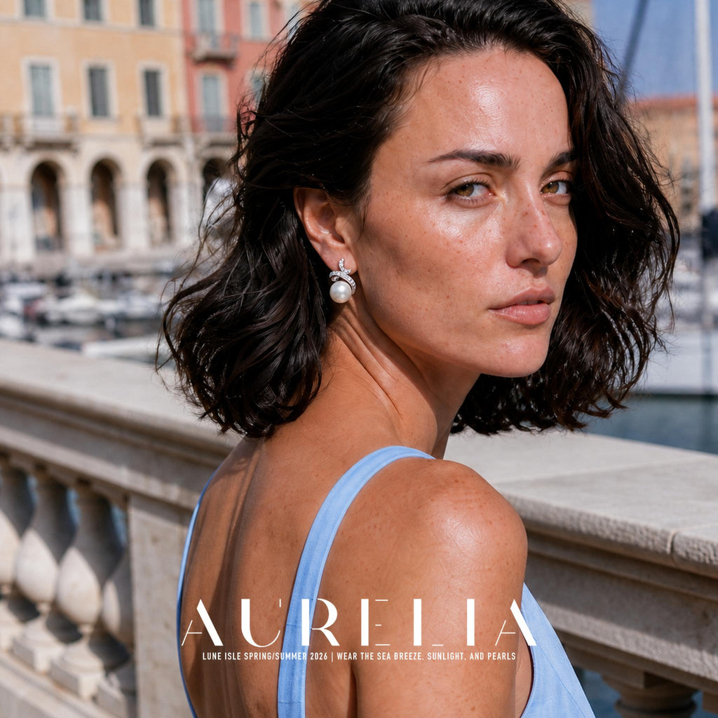 Over-shoulder marina portrait in blue, showing curled silver-tone ribbons above white bead.