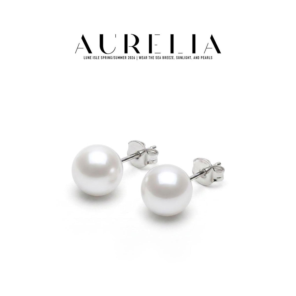 Classic Faux Pearl Stud Earrings — supplied AURELIA product photograph.