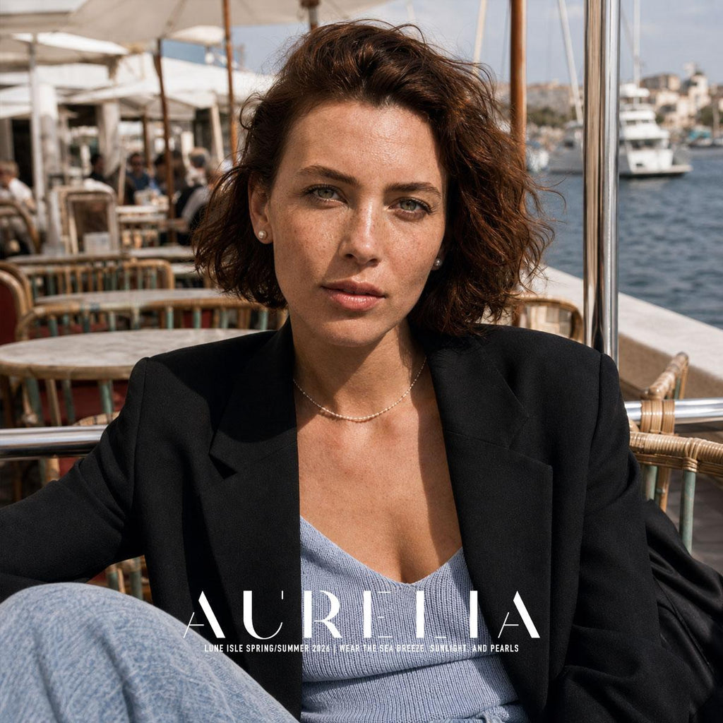 Seated cafe portrait in black jacket wearing matching simple white round studs.