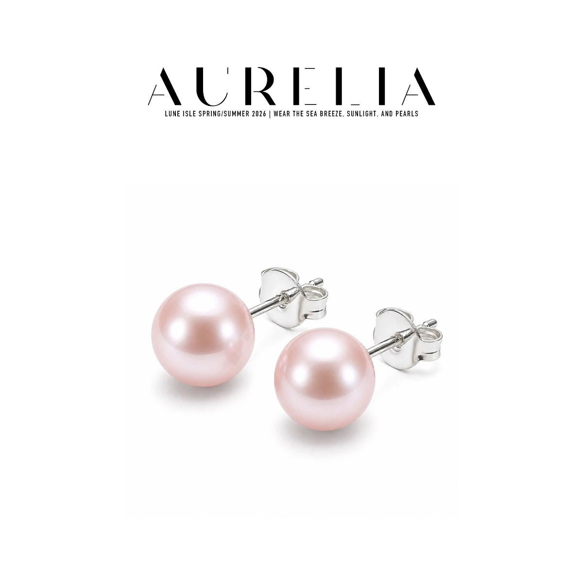 Pink Glass Pearl Stud Earrings — supplied AURELIA product photograph.