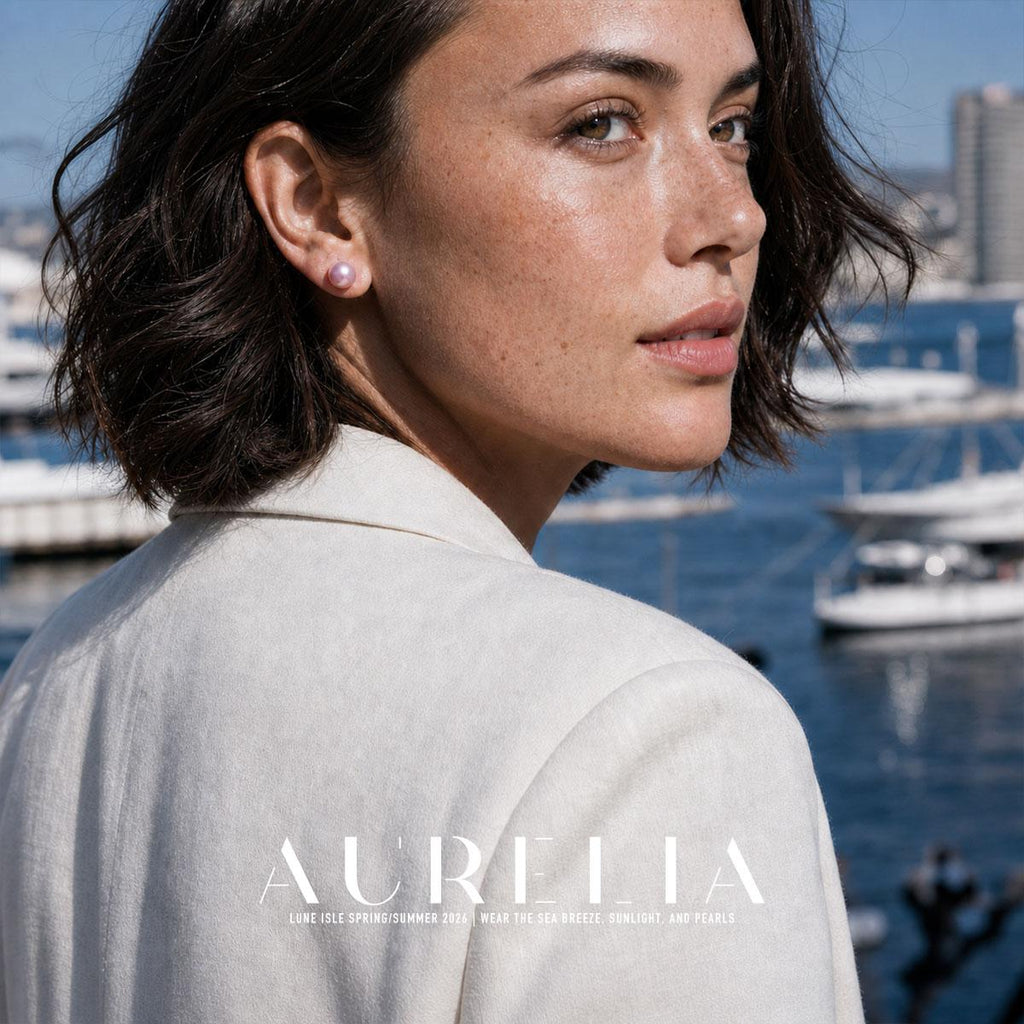 Looking-back waterfront portrait wearing a simple pink round stud.