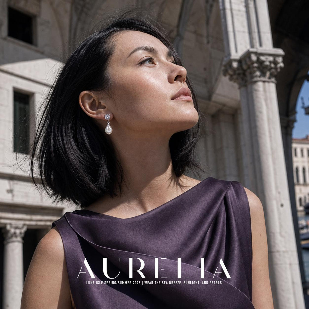 Upward-looking model portrait wearing the clear stud, small ring connector and irregular white drop.