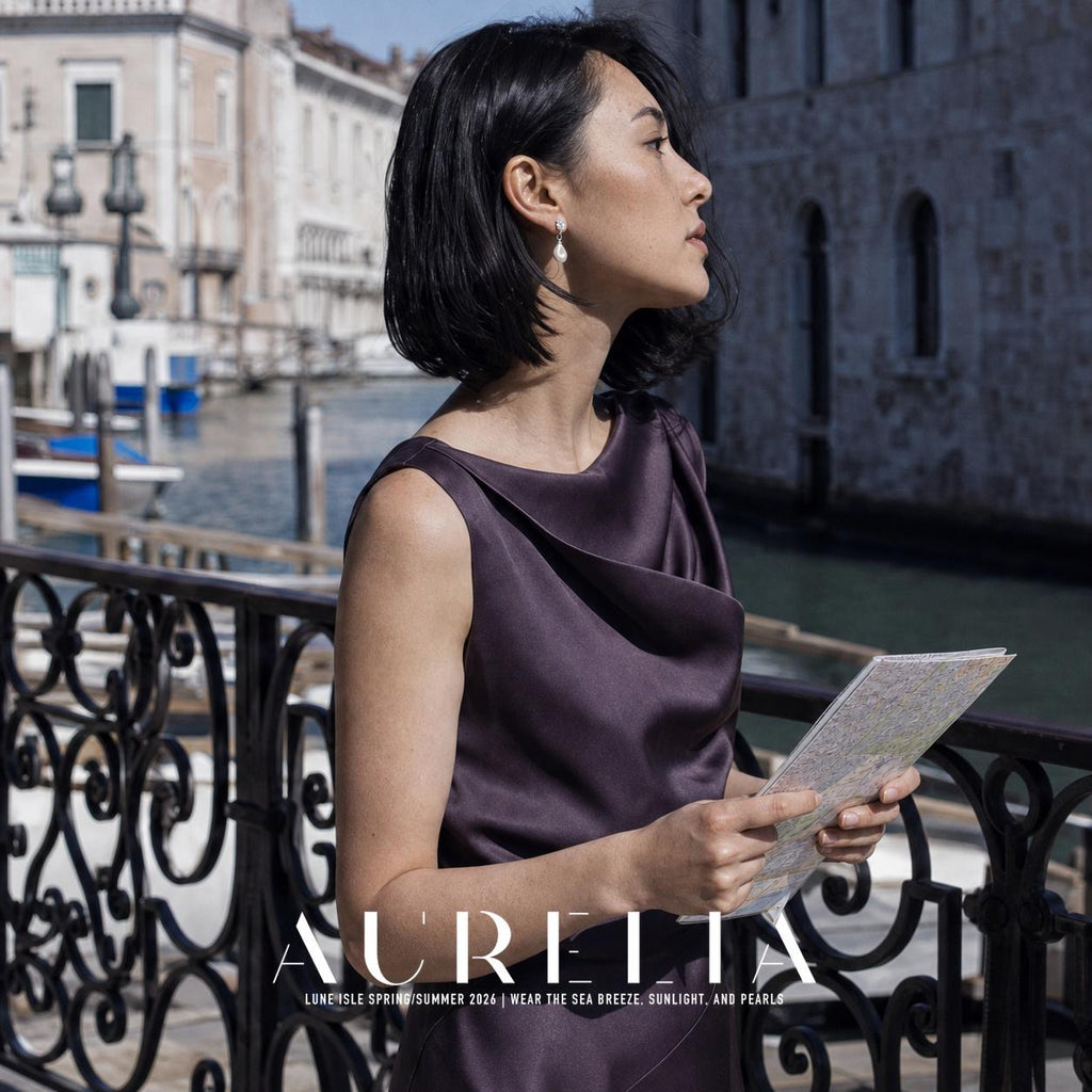 Model in a dark purple dress holding a map on a canal bridge, with the same stud-and-white-drop structure visible.