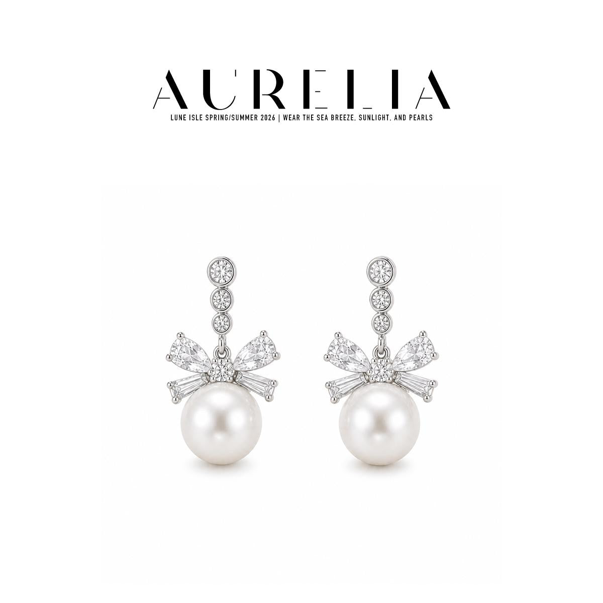 Triple Accent Bow Crystal Pearl Drop Earrings — supplied AURELIA product photograph.